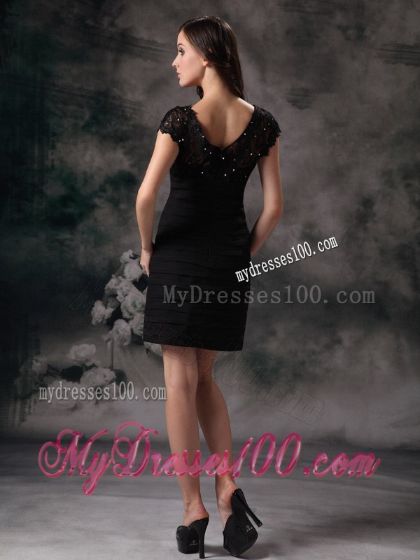 New Column V-neck Beading and Lace Mini-length Little Black Dress