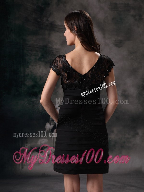 New Column V-neck Beading and Lace Mini-length Little Black Dress