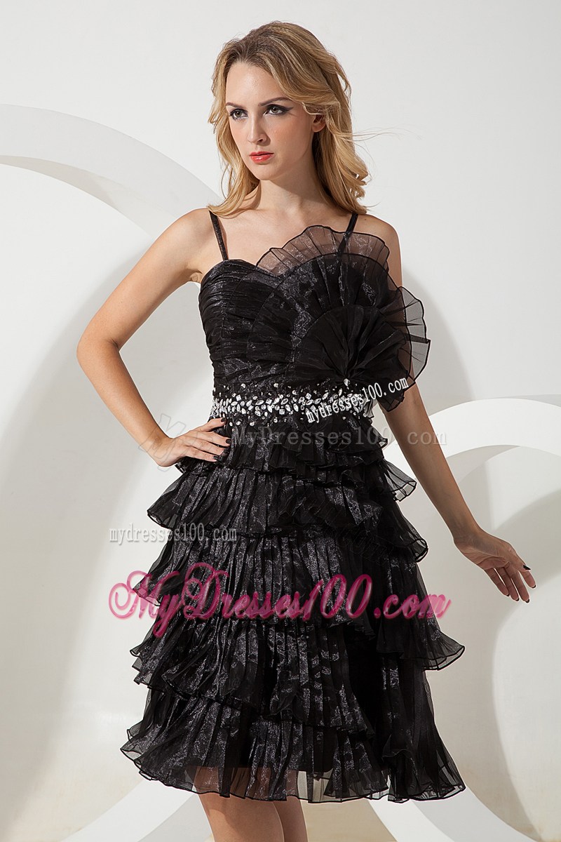 Spaghetti Straps Beading and Layers Knee-length Little Black Dress