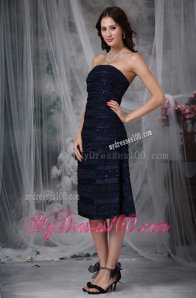 Navy Blue Strapless Knee-length Ruche and Beading Little Black Dress