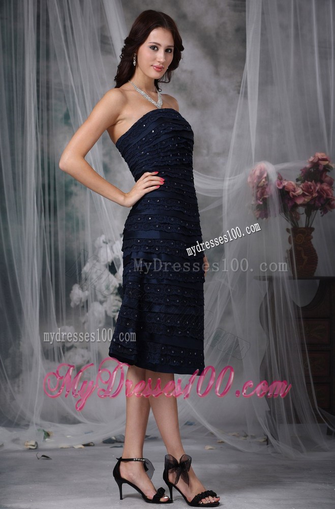 Navy Blue Strapless Knee-length Ruche and Beading Little Black Dress