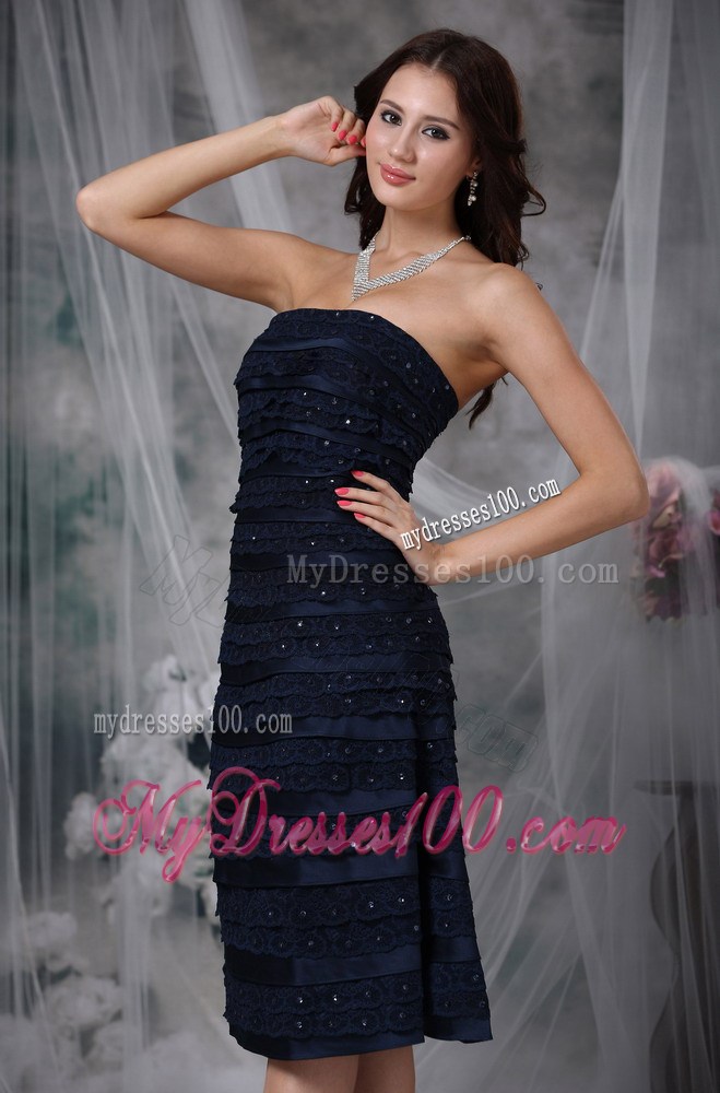 Navy Blue Strapless Knee-length Ruche and Beading Little Black Dress