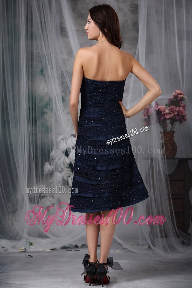 Navy Blue Strapless Knee-length Ruche and Beading Little Black Dress