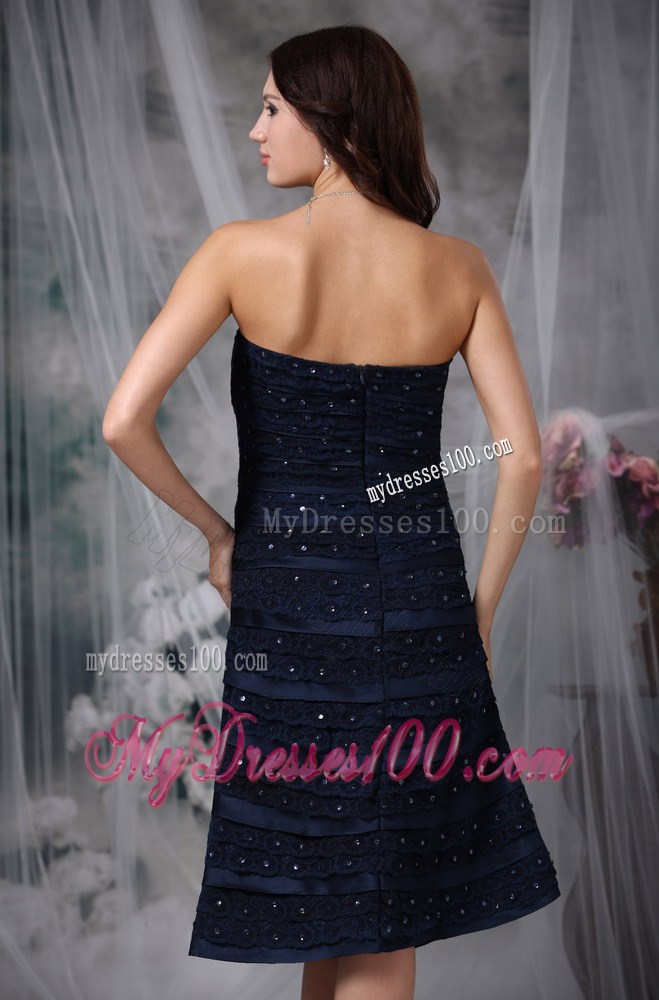 Navy Blue Strapless Knee-length Ruche and Beading Little Black Dress