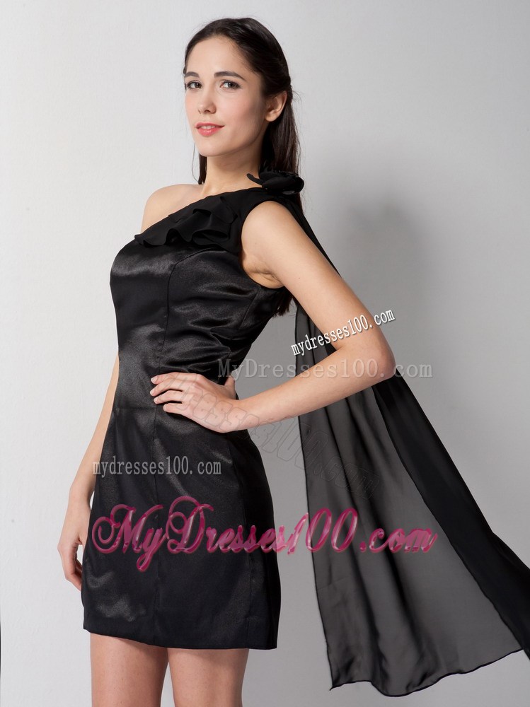 Column One Shoulder Short Little Black Dresses with Watteau Train