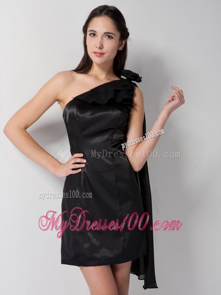 Column One Shoulder Short Little Black Dresses with Watteau Train