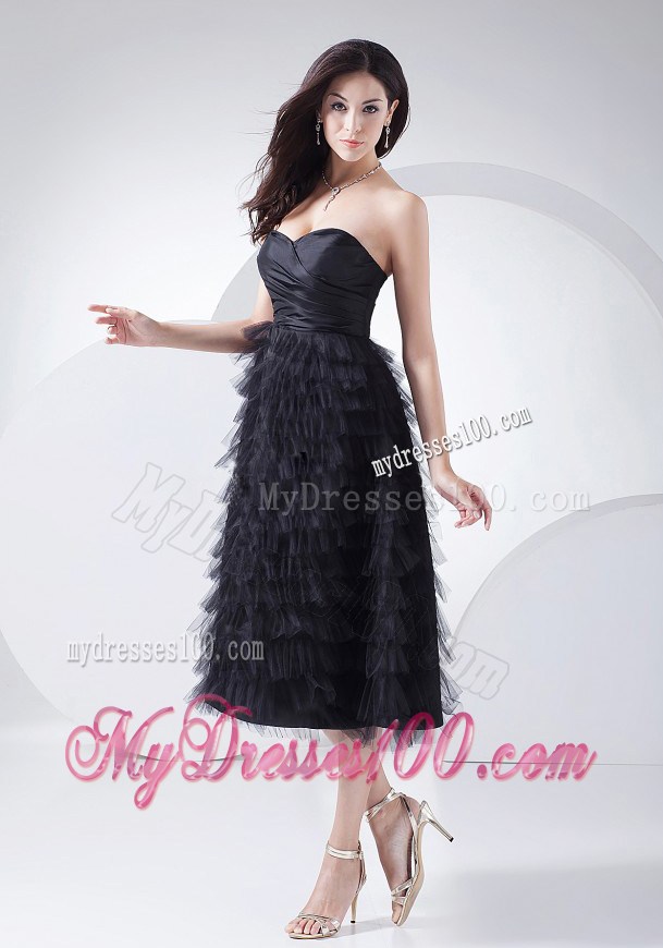 Chic Ruffled Layers Sweetheart Tea-length 2013 Little Black Dresses