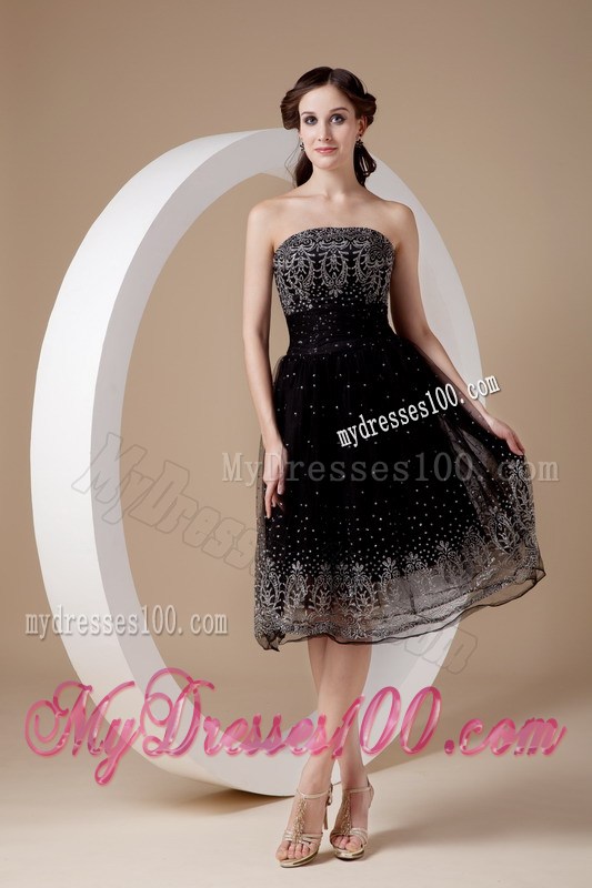 Low price Strapless Embroidery Tea-length Summer Little Black Dress