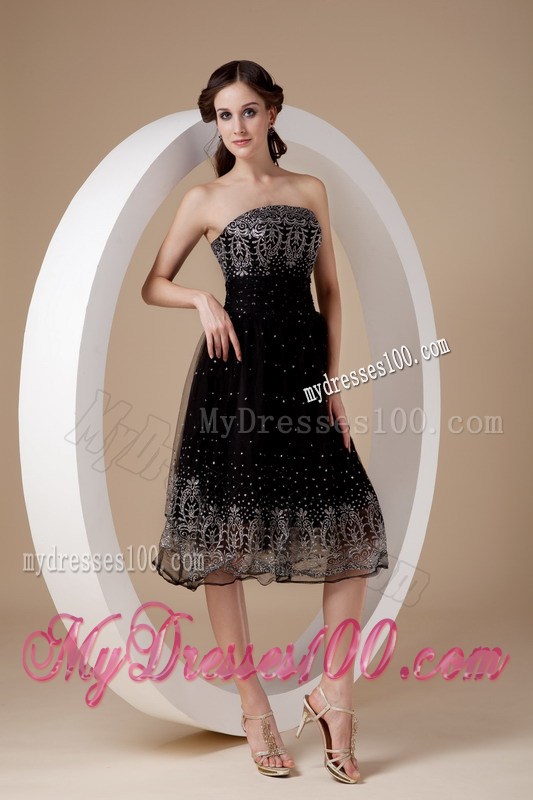 Low price Strapless Embroidery Tea-length Summer Little Black Dress