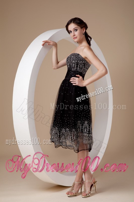 Low price Strapless Embroidery Tea-length Summer Little Black Dress