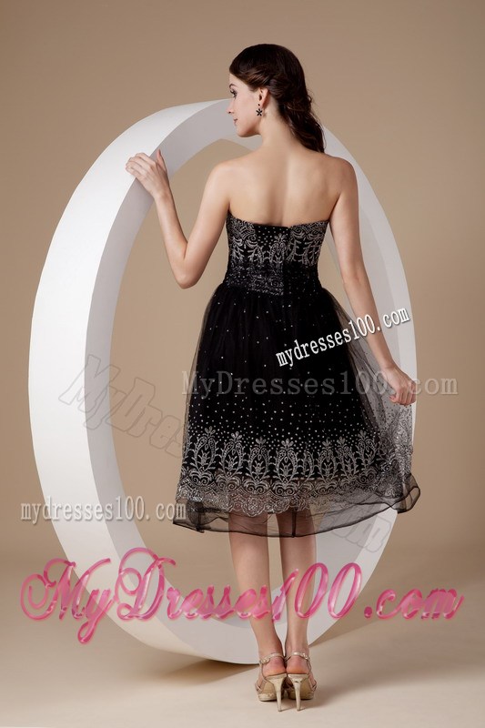 Low price Strapless Embroidery Tea-length Summer Little Black Dress