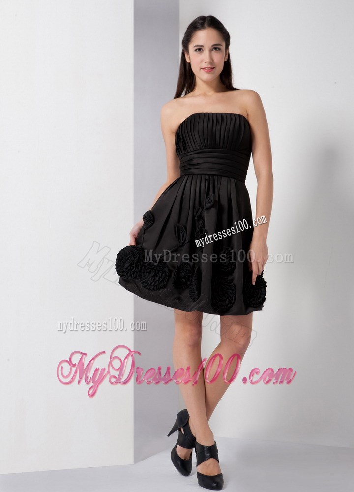 Strapless Ruche and Hand Made Flowers Knee-length Little Black Dress