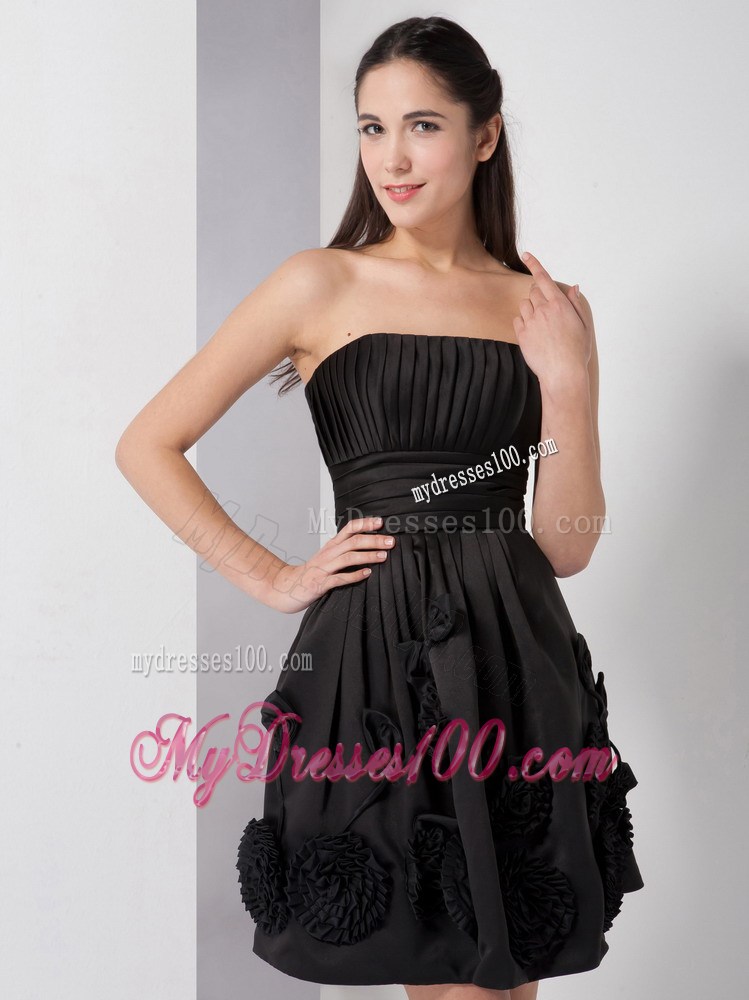 Strapless Ruche and Hand Made Flowers Knee-length Little Black Dress