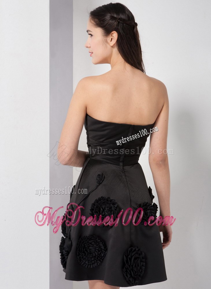 Strapless Ruche and Hand Made Flowers Knee-length Little Black Dress