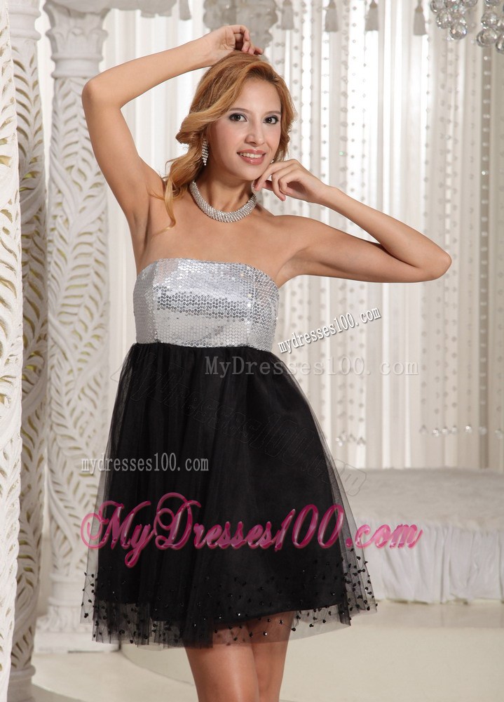 Sequins Decorate Bust Strapless Black and Sliver Little Black Dresses