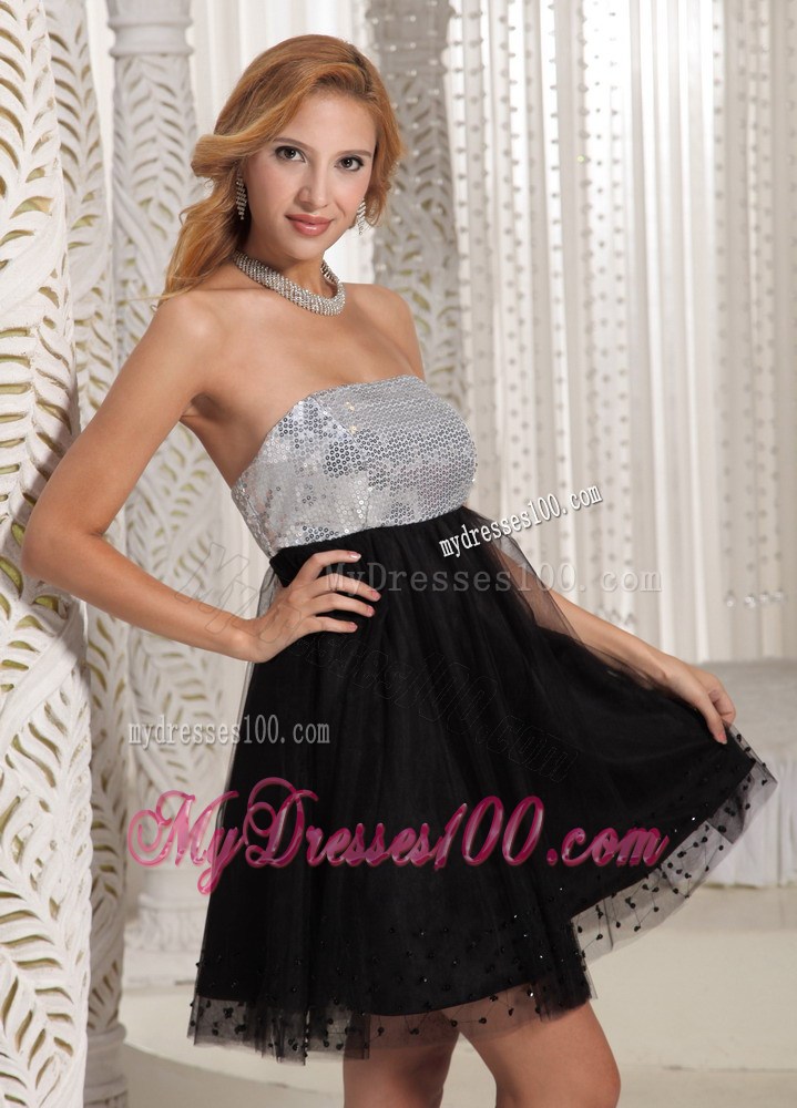 Sequins Decorate Bust Strapless Black and Sliver Little Black Dresses