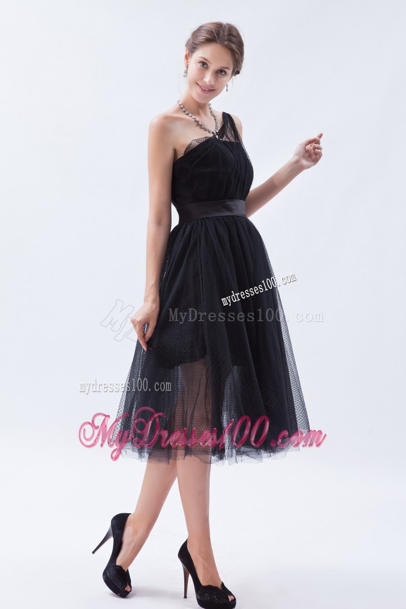 Princess One Shoulder Tea-length Little Black Dress for Cheap