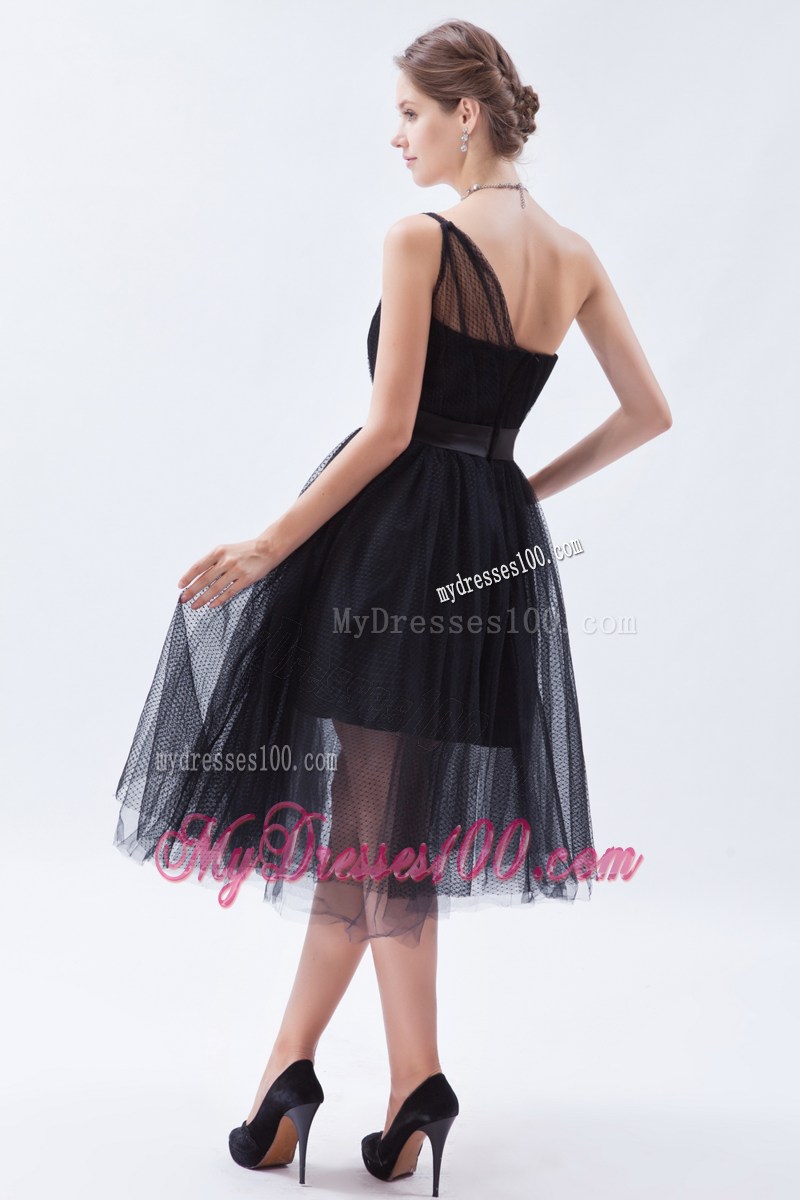 Princess One Shoulder Tea-length Little Black Dress for Cheap