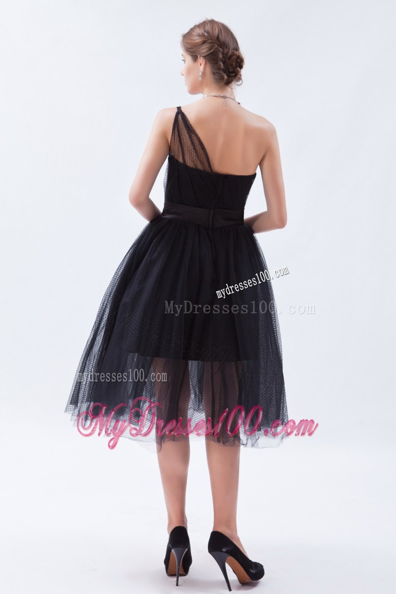 Princess One Shoulder Tea-length Little Black Dress for Cheap