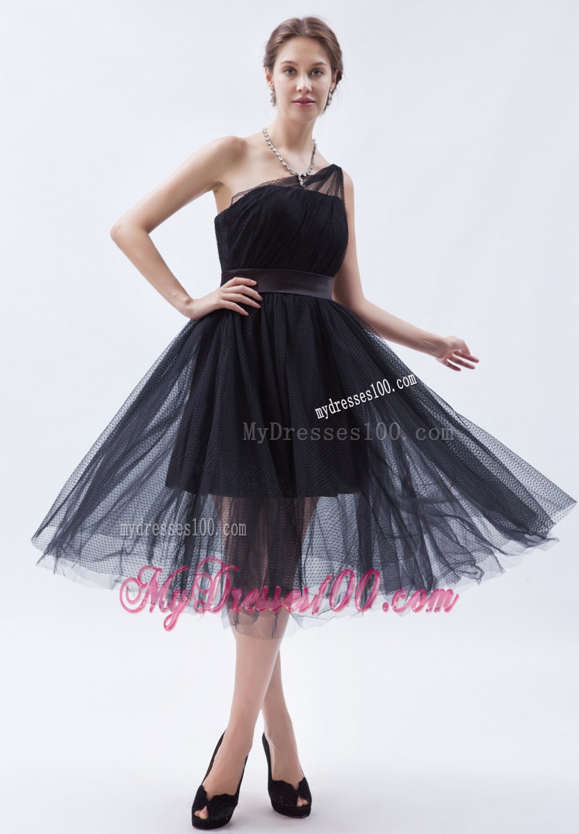 Princess One Shoulder Tea-length Little Black Dress for Cheap