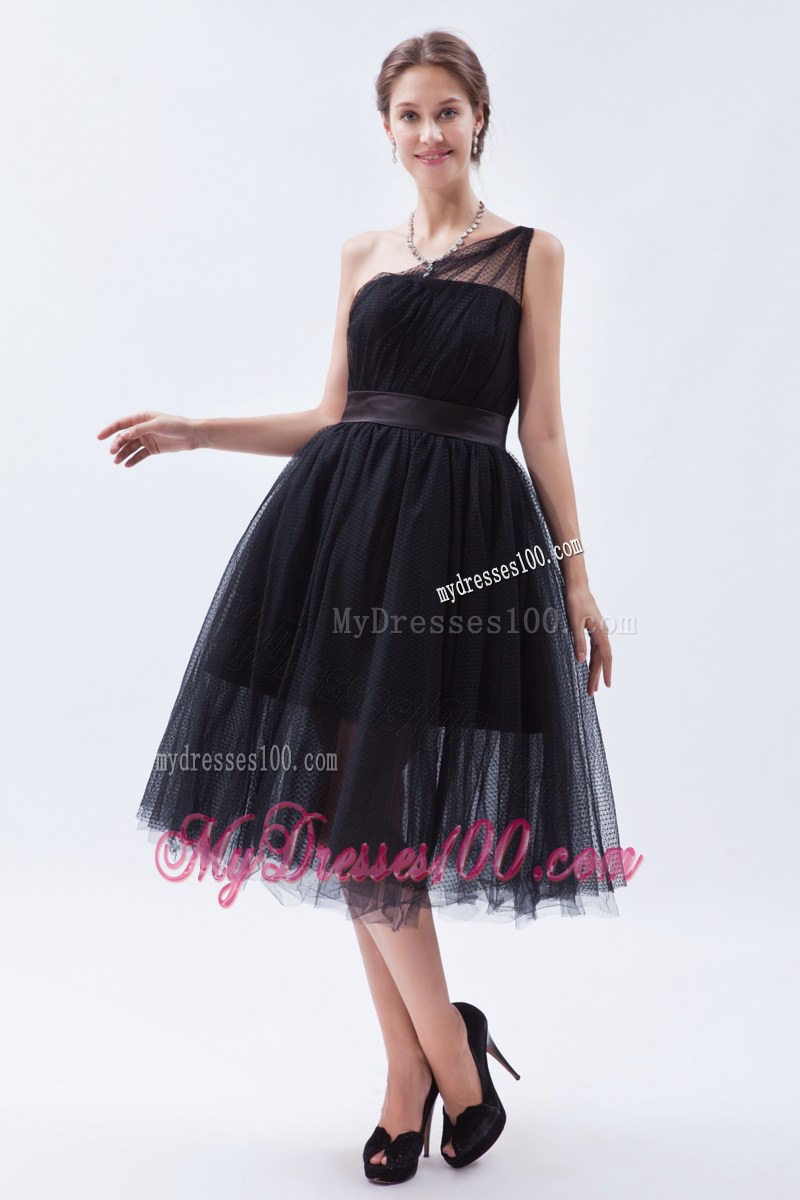 Princess One Shoulder Tea-length Little Black Dress for Cheap
