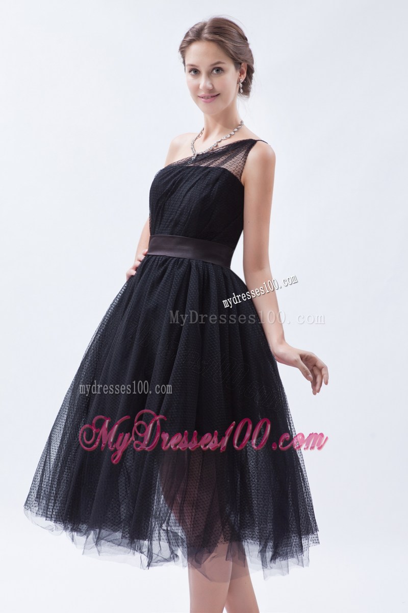 Princess One Shoulder Tea-length Little Black Dress for Cheap