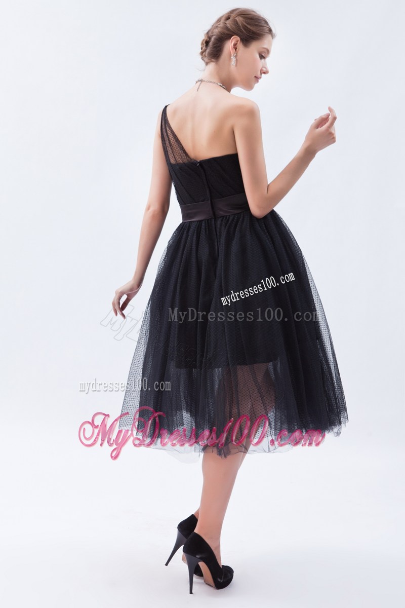 Princess One Shoulder Tea-length Little Black Dress for Cheap