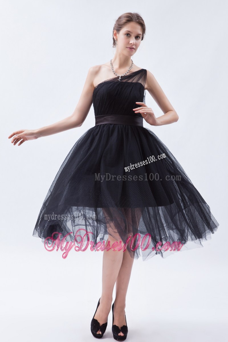 Princess One Shoulder Tea-length Little Black Dress for Cheap