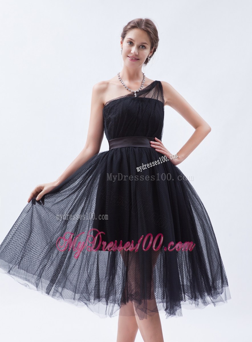 Princess One Shoulder Tea-length Little Black Dress for Cheap