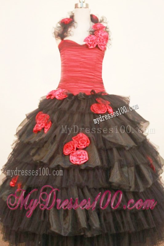 2012 Modest Ruffled Layeres Little Girl Pageant Dresses With Halter Black and Red Hand Made Flowers