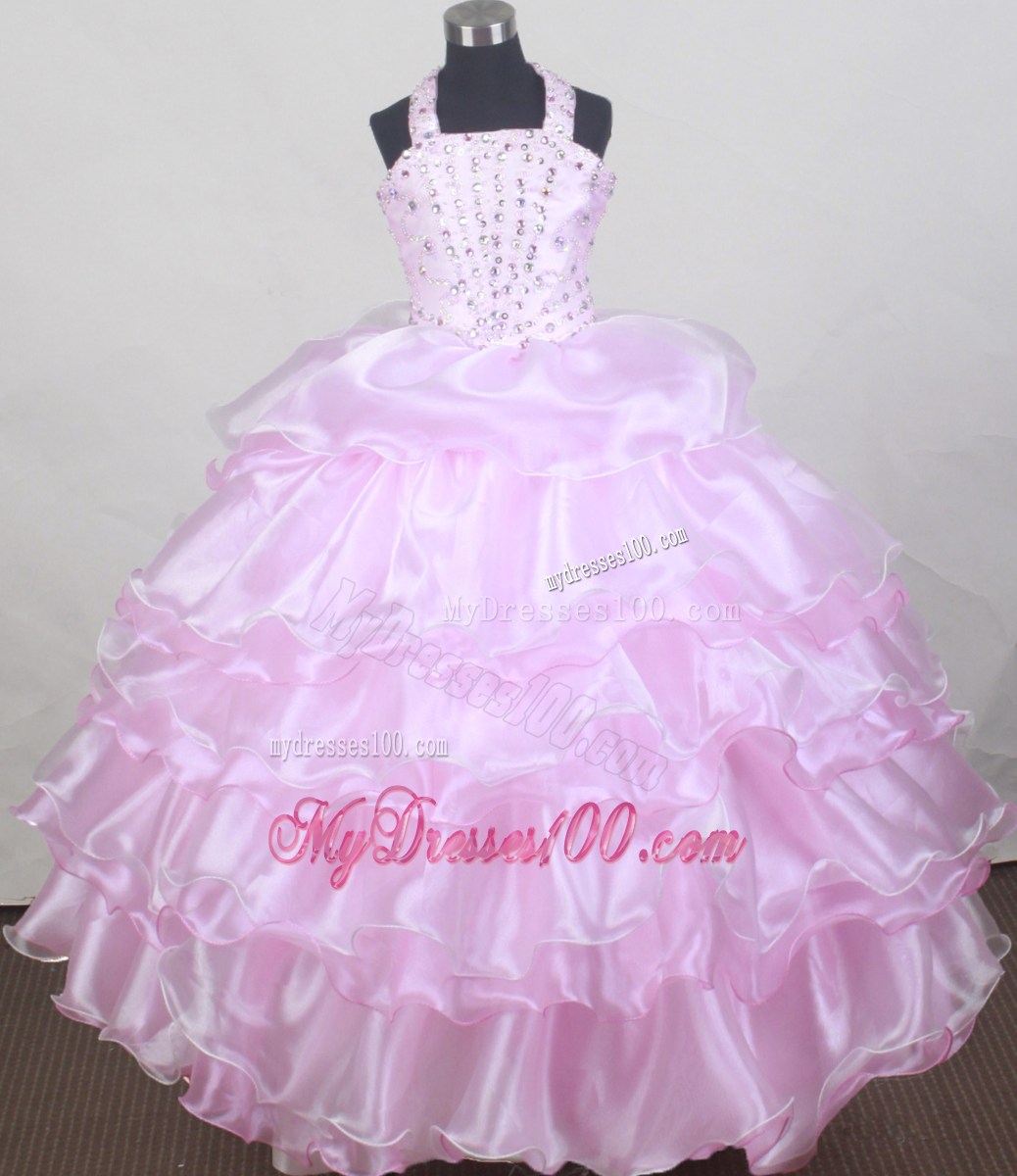 2013 Brand New Halter Baby Pink Flower Girl Pageant Dress With Beaded and Ruffled Layers Decorate