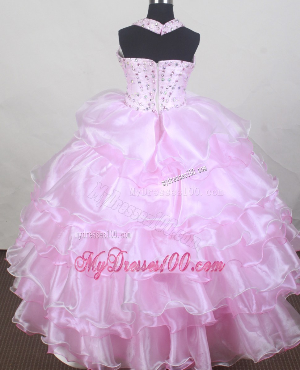 2013 Brand New Halter Baby Pink Flower Girl Pageant Dress With Beaded and Ruffled Layers Decorate