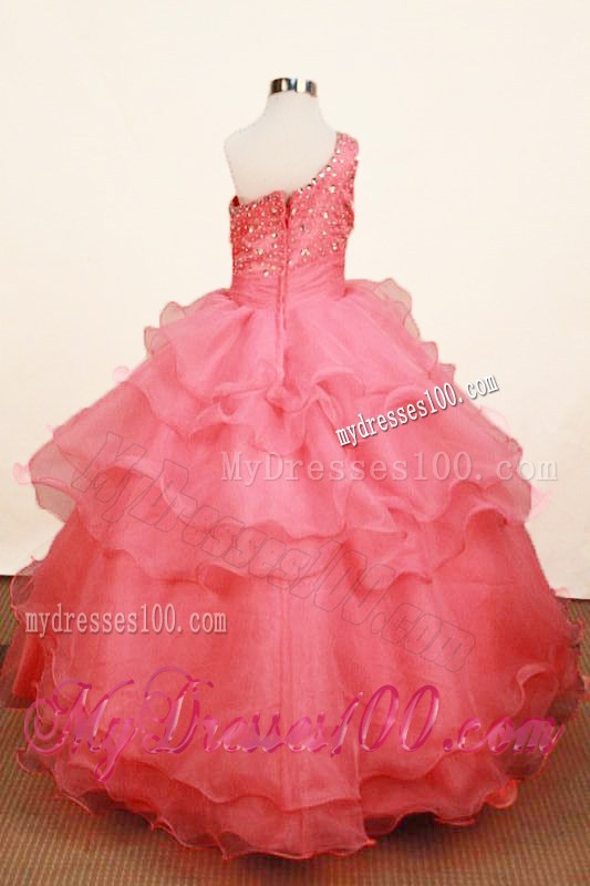 2013 Elegant Watermelon Ruffled LayeresLittle Girl Pageant Dresses One Shoulder Floor-Length