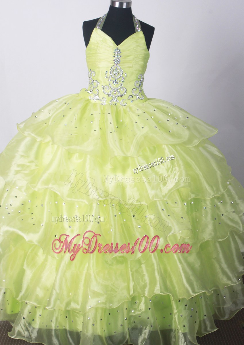 2013 Fashionable Yellow Green Little Girl Pageant Dresses With Beading and Ruffled Layers