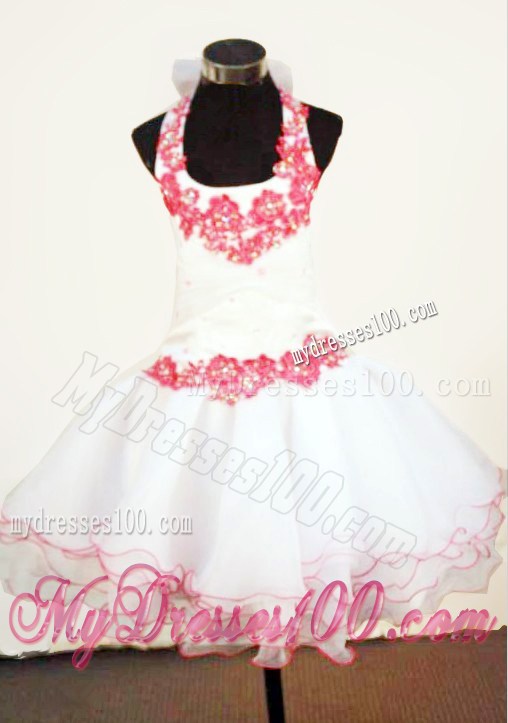 Halter Top Mini-length White Little Girl Pageant Dresses With Appliques