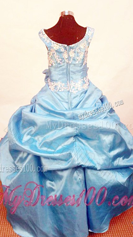 2013 Lovely Baby Blue Appliques Little Girl Pageant Dresses Scoop With Floor-Length