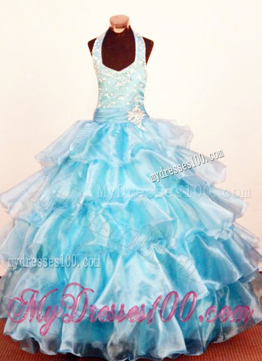 2013 Modest Baby Blue Ruffled Layeres Little Girl Pageant Dresses Halter Ball Gown Organza