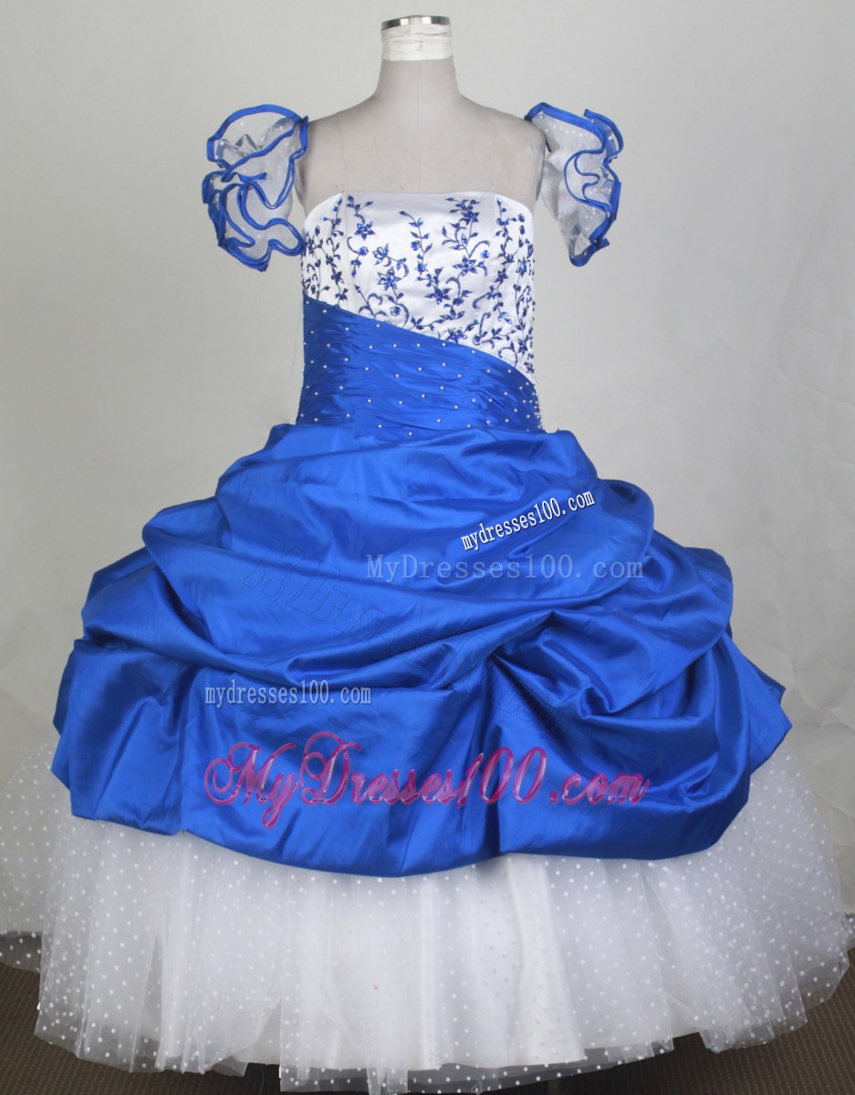 2013 New Custom Made Embroidery Blue and White Flower Girl Pageant Dress Floral Straps