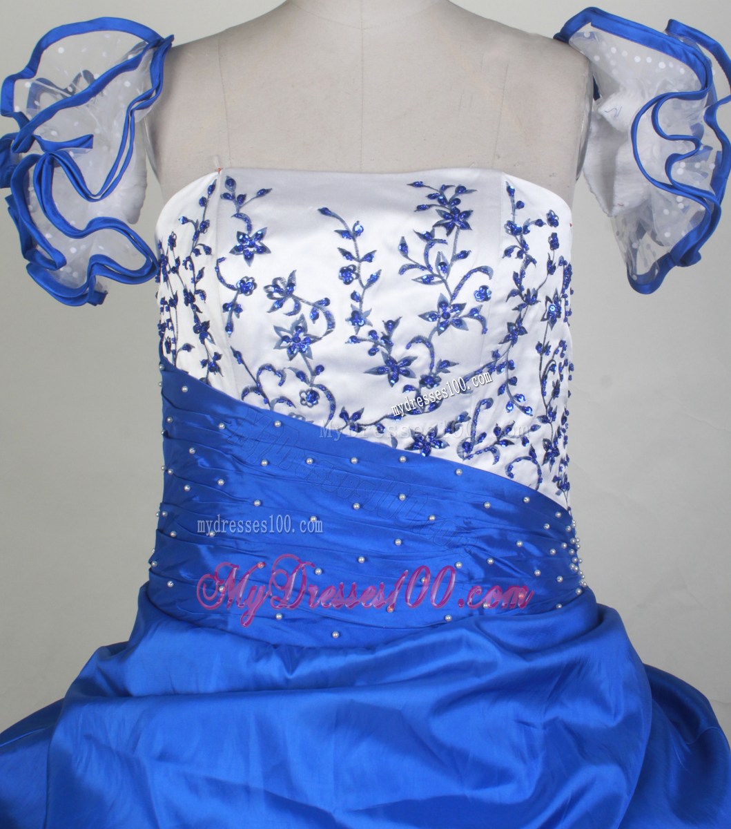 2013 New Custom Made Embroidery Blue and White Flower Girl Pageant Dress Floral Straps