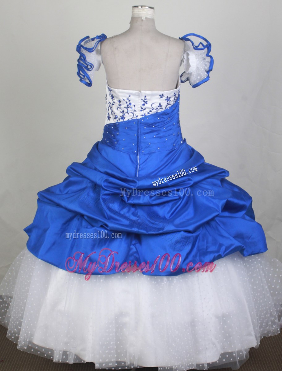 2013 New Custom Made Embroidery Blue and White Flower Girl Pageant Dress Floral Straps