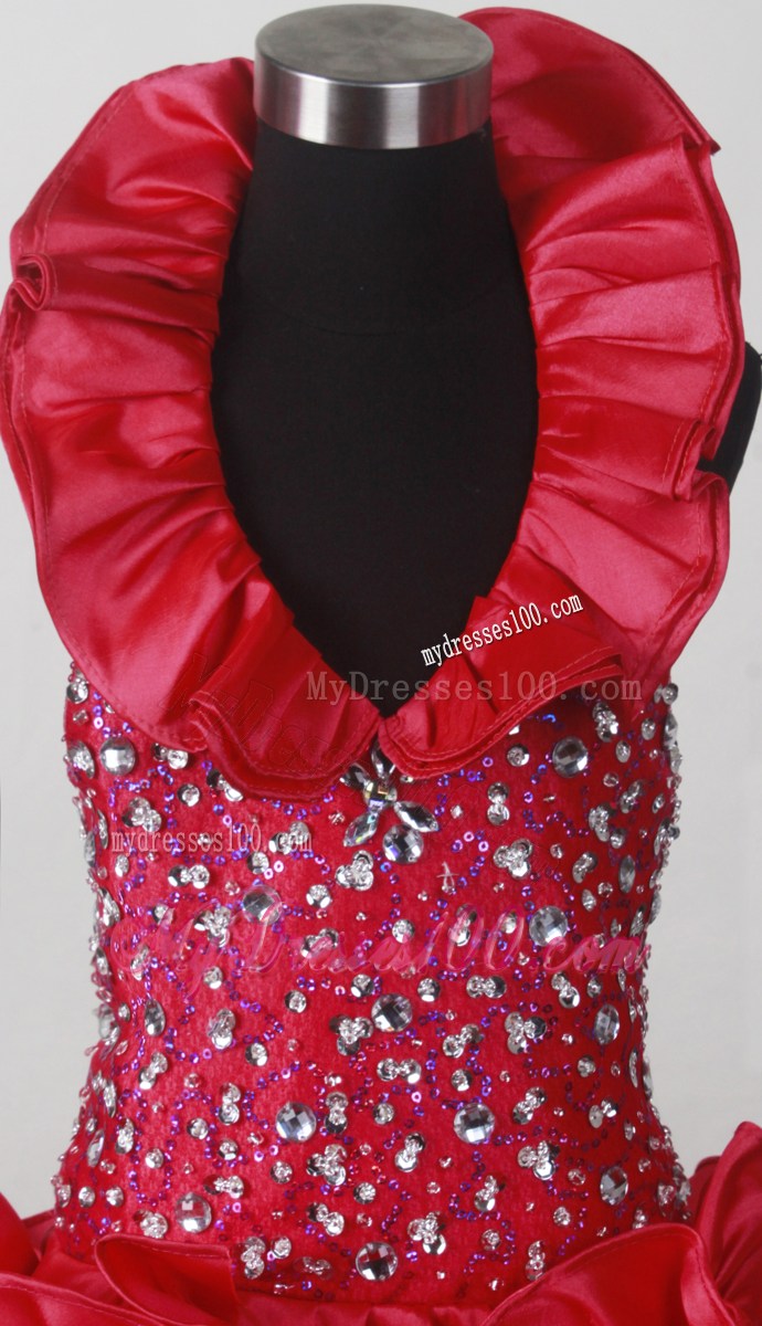 2013 Red Little Girl Pageant Dress With Hand Made Flowers and Beading