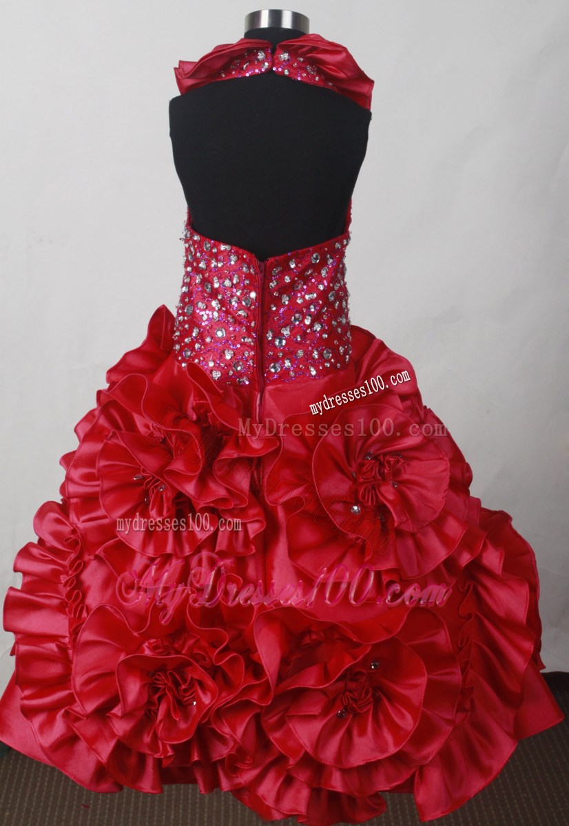 2013 Red Little Girl Pageant Dress With Hand Made Flowers and Beading