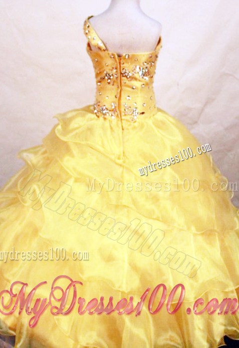 2013 Yellow Beautiful Beaded Decorate Bust Little Girl Pageant Dresses With One Shoulder Neck Ruffles