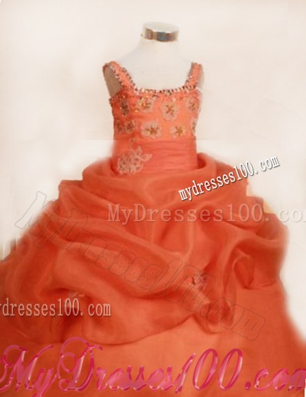 Appliques Cut Straps Orange Little Girl Pageant Dresses with Pick-ups