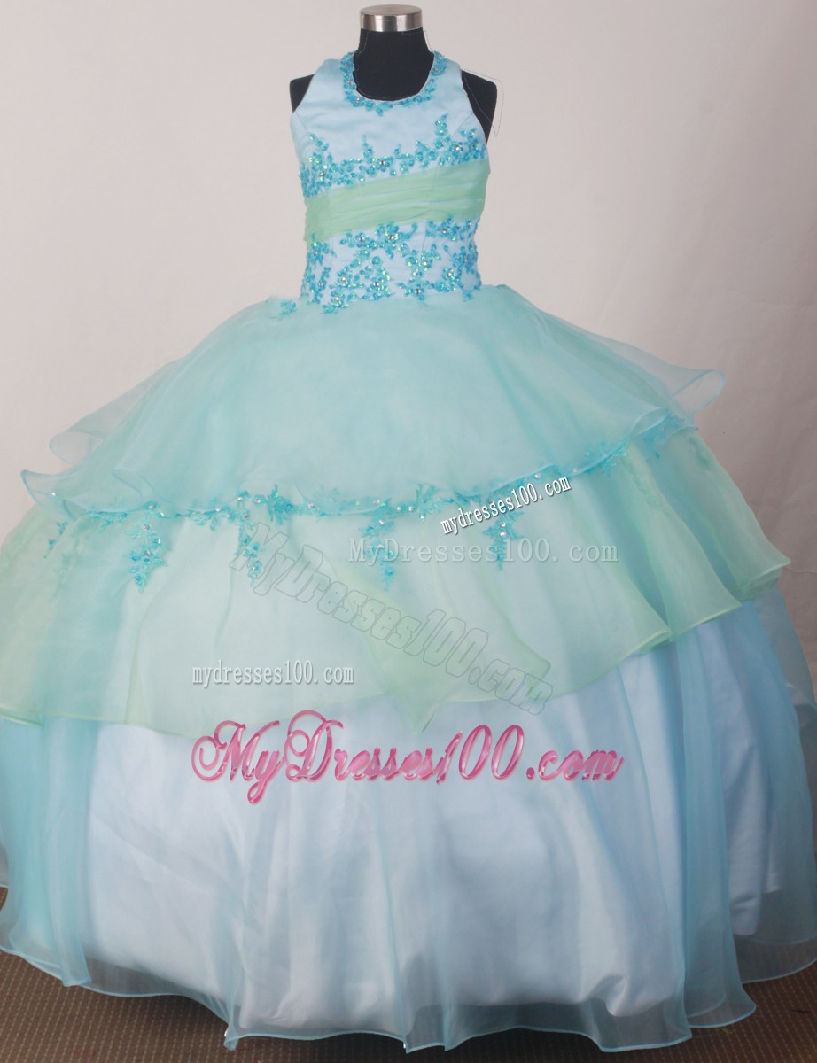 Appliques Decorate Apple Green and Light Blue Halter Flower Girl Pageant Dress