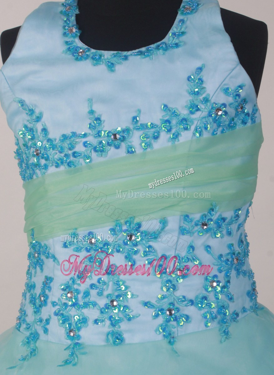 Appliques Decorate Apple Green and Light Blue Halter Flower Girl Pageant Dress