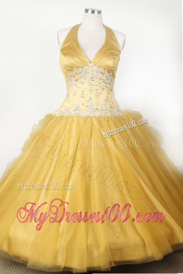 Appliques and Beading For Little Girl Pageant Dresses With Gold Halter
