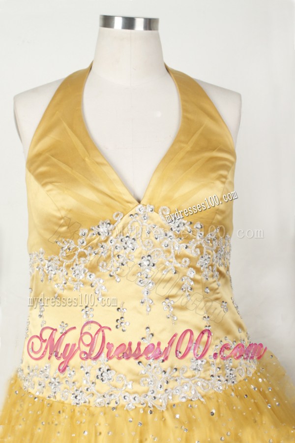Appliques and Beading For Little Girl Pageant Dresses With Gold Halter