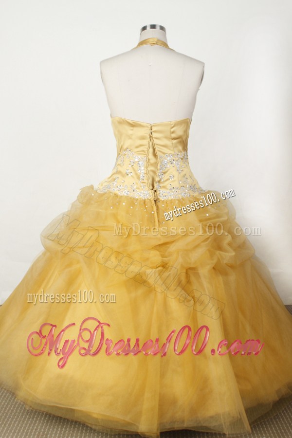 Appliques and Beading For Little Girl Pageant Dresses With Gold Halter