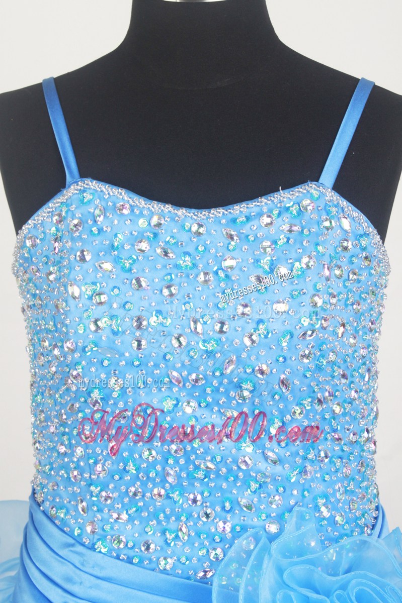 Aqua Blue and Hand Made Flowers For Little Gril Pageant Dress With Beaded Decorate Bodice